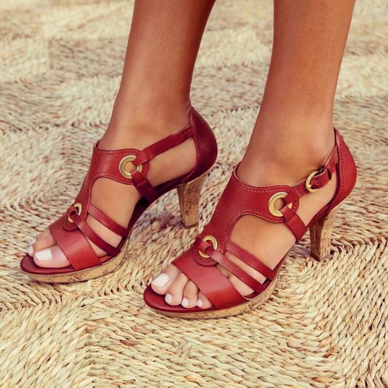 Women's Support Retro Strap Wedge-Heel Sandals – Scarlet Red