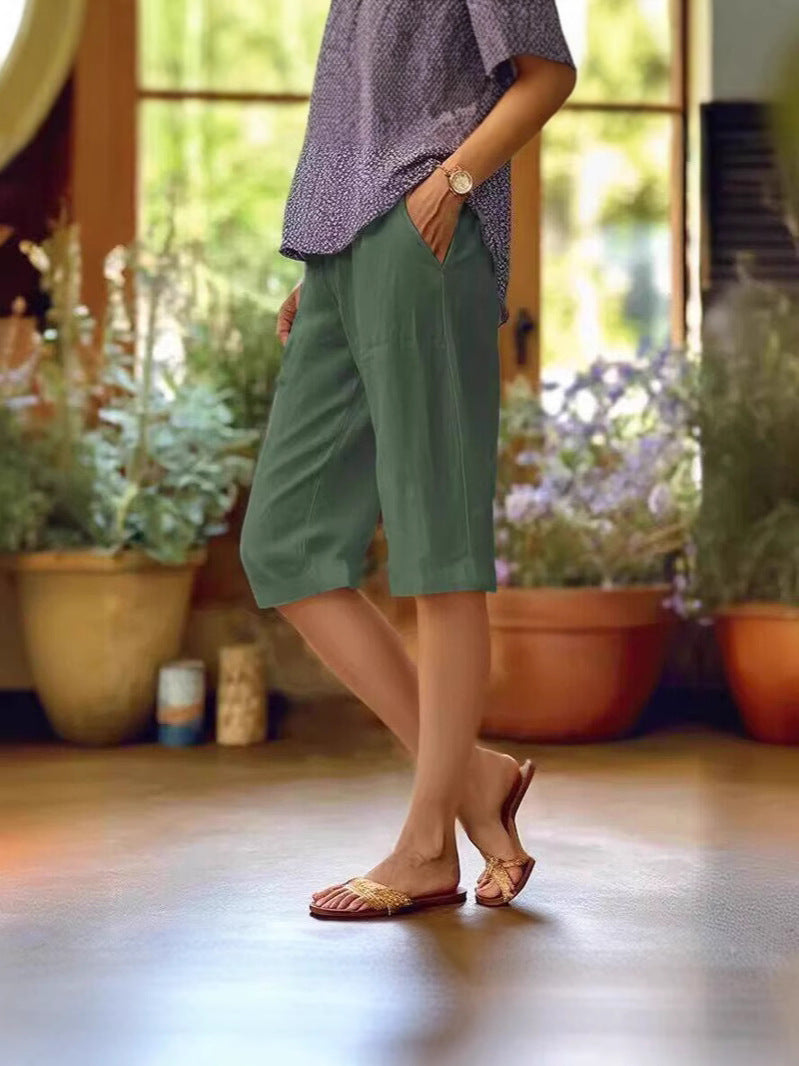 Women's Relaxed-Fit Knee Length Pants with Pockets – Green