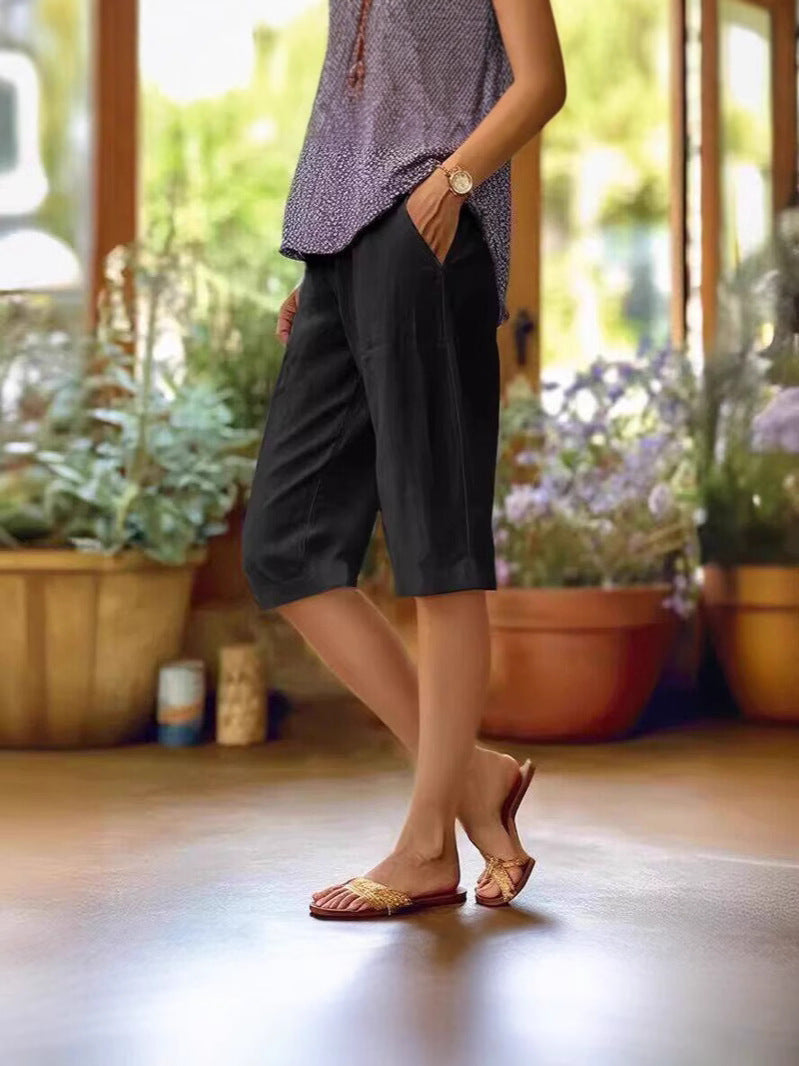 Women's Relaxed-Fit Knee Length Pants with Pockets – Black