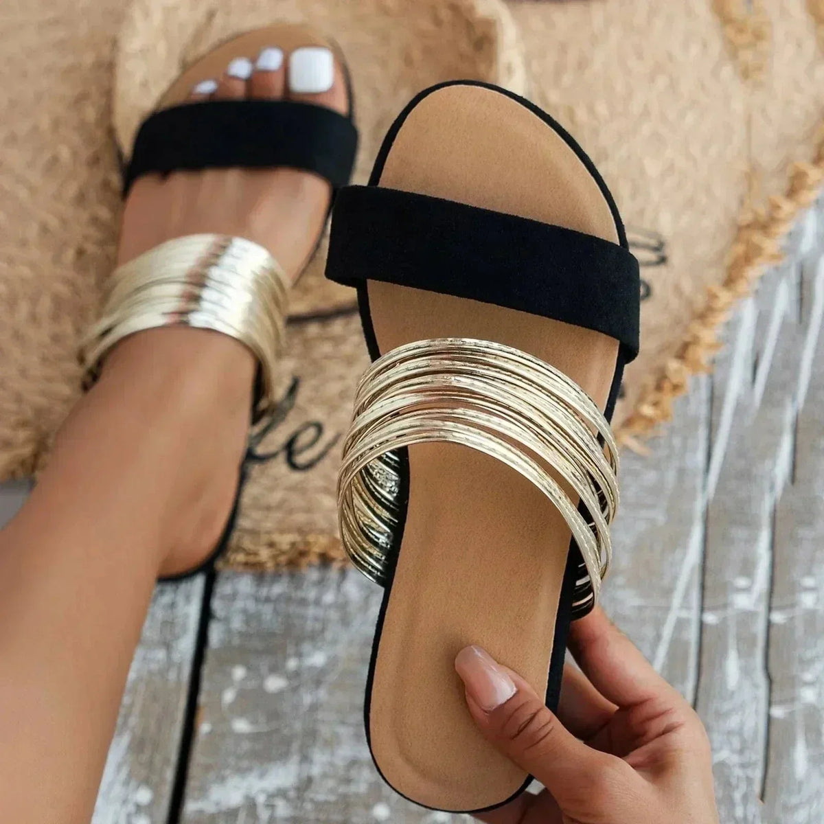 Women's Support Double-Strap Easy-On Sandals – Onyx Black