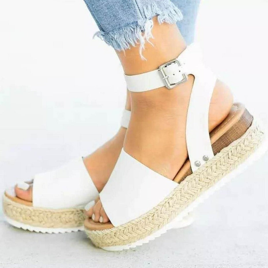 Women's Support Flatform Ankle-Strap Sandals – White