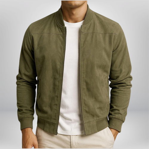 Men's Leather Bomber Jacket for Layering – Olive Green