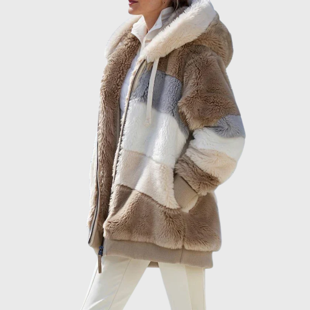 Women's Multicolor Fleece Puffer Jacket – Brown Stripes