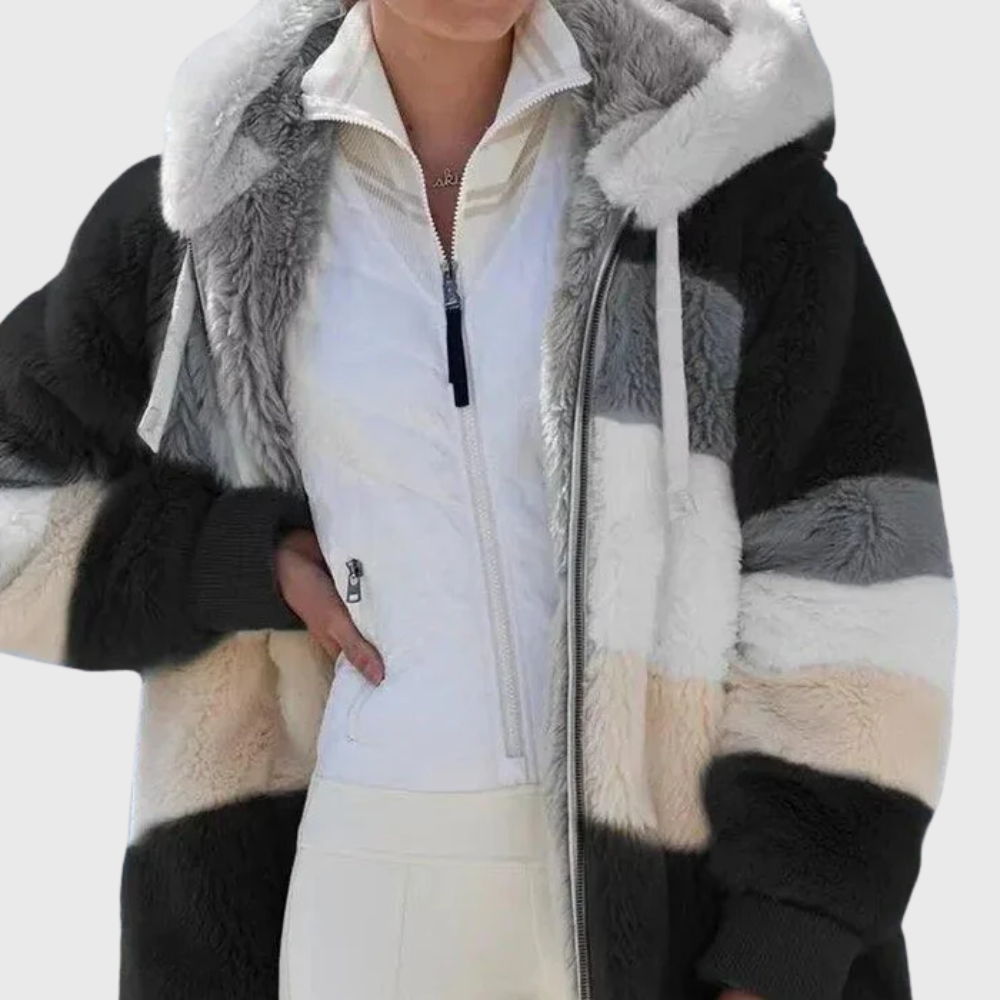 Women's Multicolor Fleece Puffer Jacket – Black Stripes