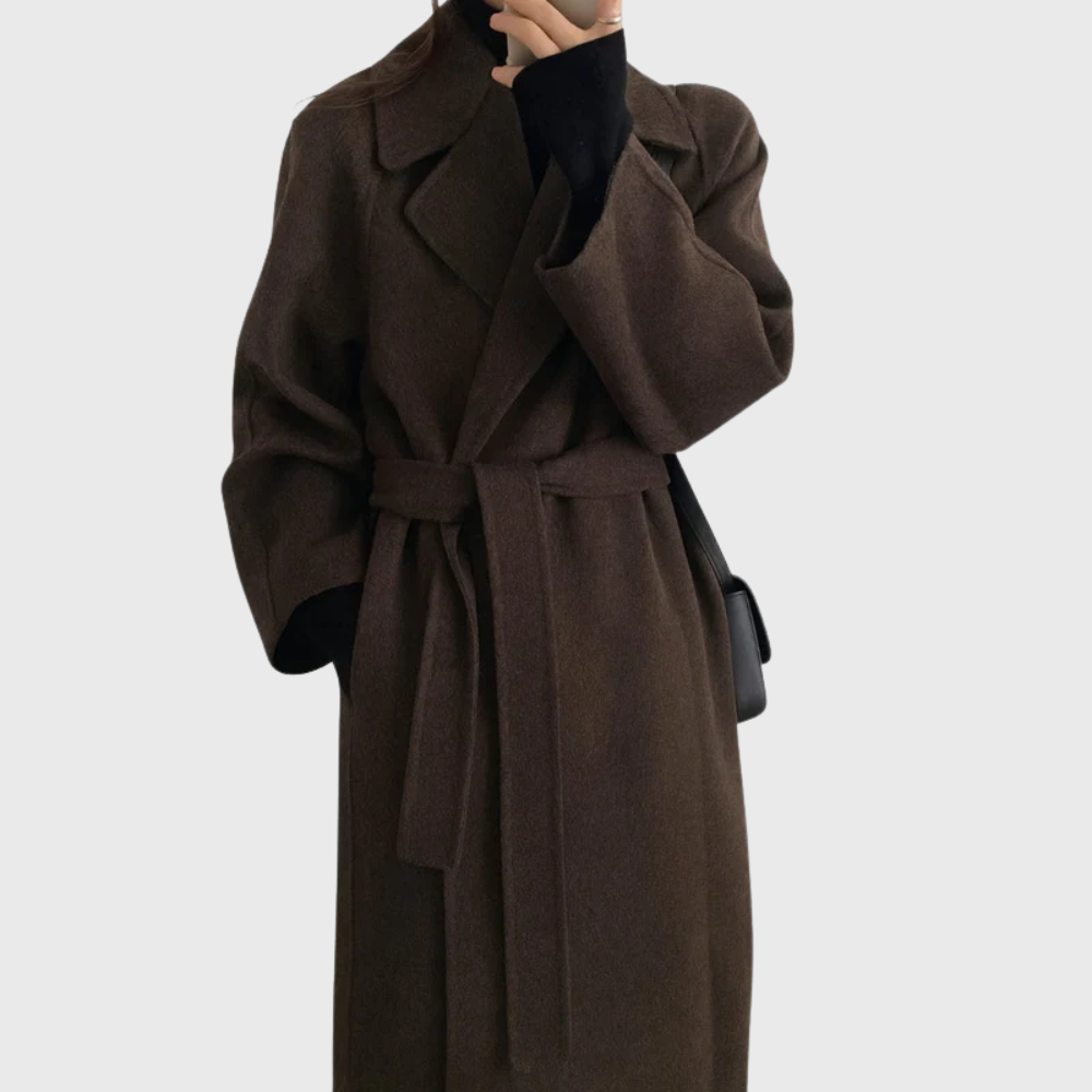 Women's Belt-Detail Wool Blend Longline Cold-Weather Coat – Dark Brown