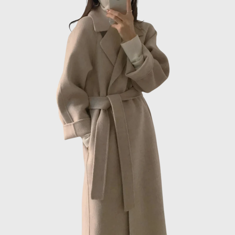 Women's Belt-Detail Wool Blend Longline Cold-Weather Coat – Beige