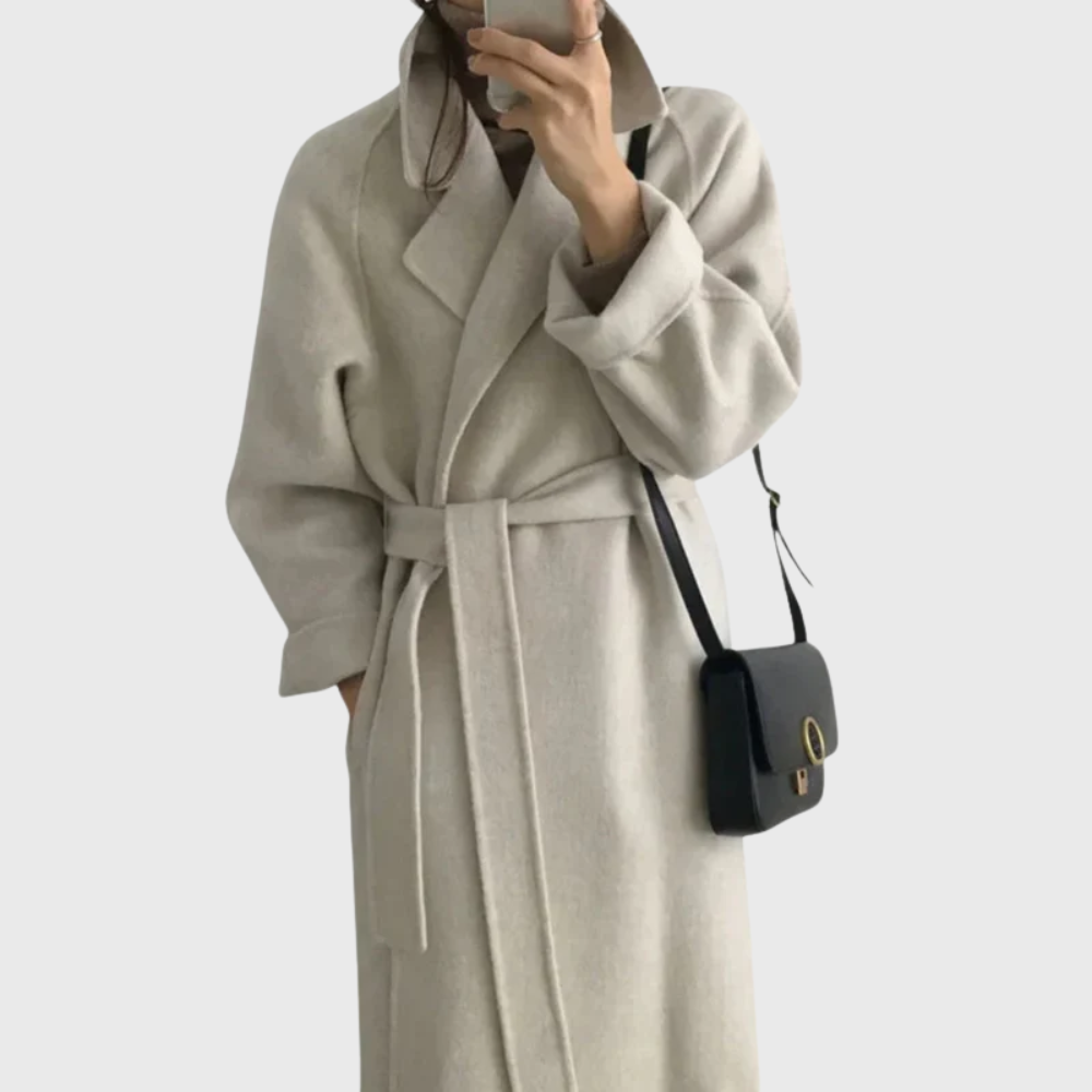 Women's Belt-Detail Wool Blend Longline Cold-Weather Coat – Cream