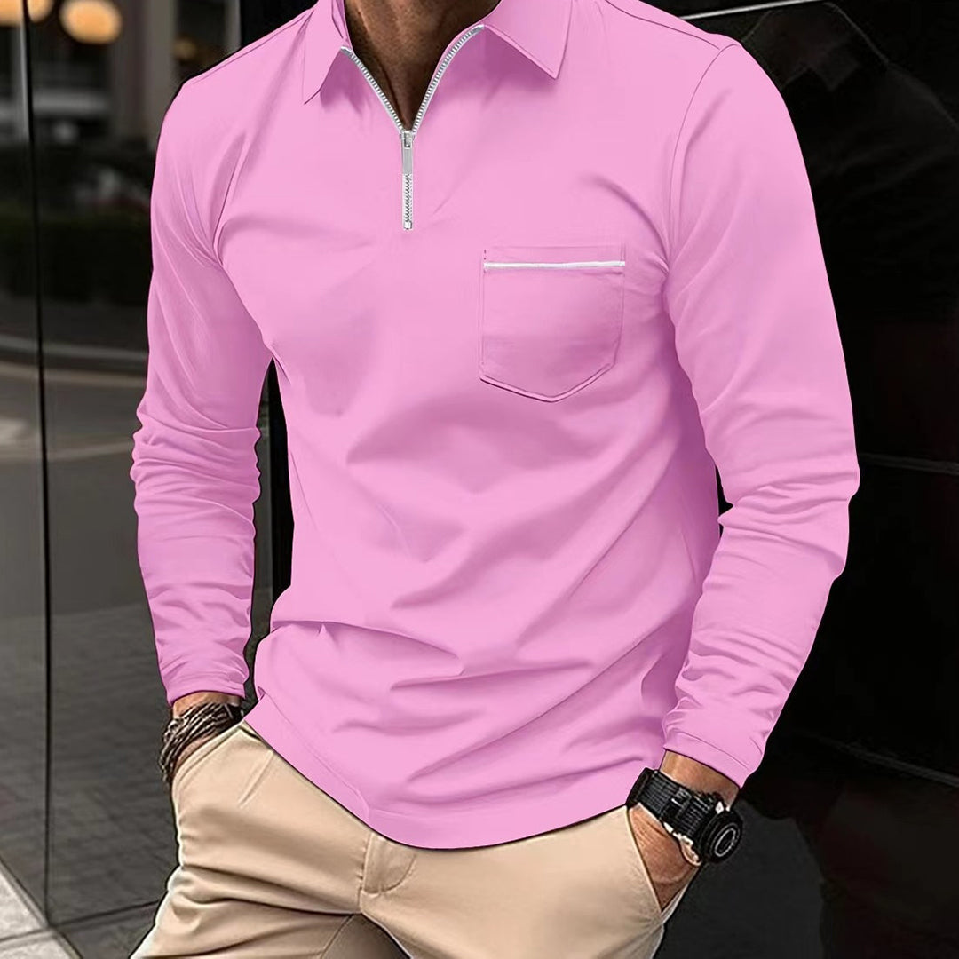 Men's Long-Sleeve Cotton Blend Polo Shirt for Outdoor Wear – Dark Pink