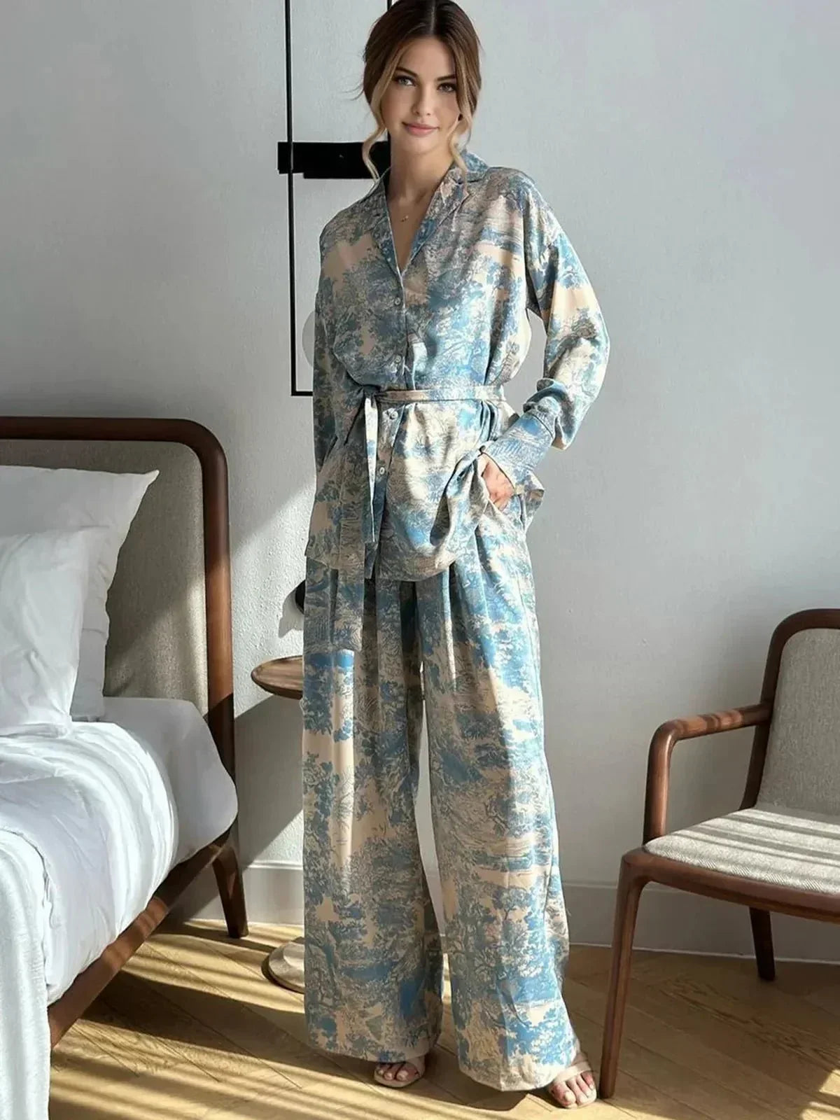 Women's Print-Detail Wide-Cut Pants Set – Blue