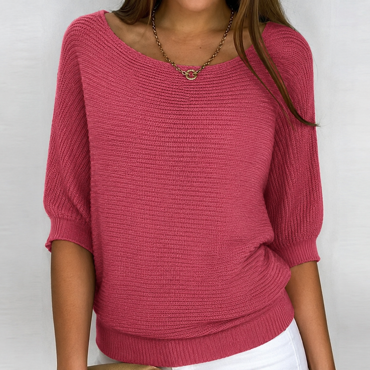 Women's Cotton-Blend Rib-Knit Pullover – Raspberry