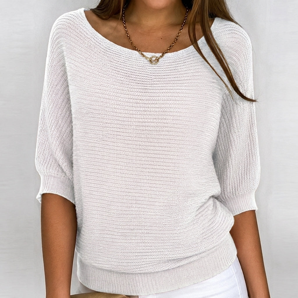 Women's Cotton-Blend Rib-Knit Pullover – White