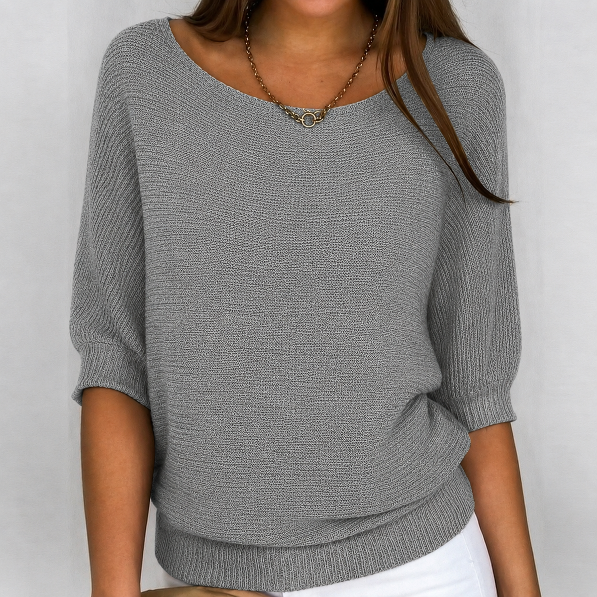 Women's Cotton-Blend Rib-Knit Pullover – Gray