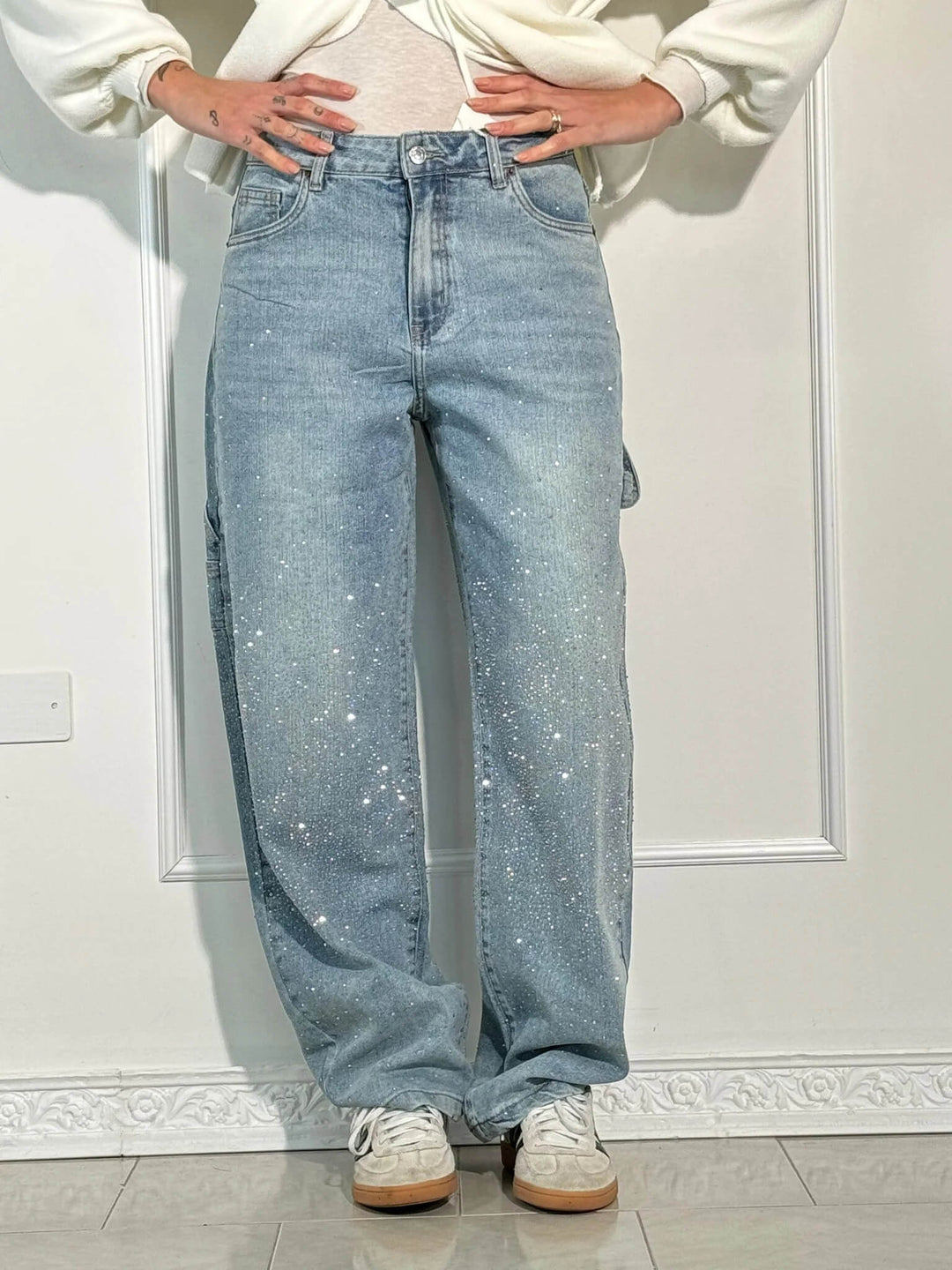 Women's Rhinestone Wide-Cut Jeans – Blue