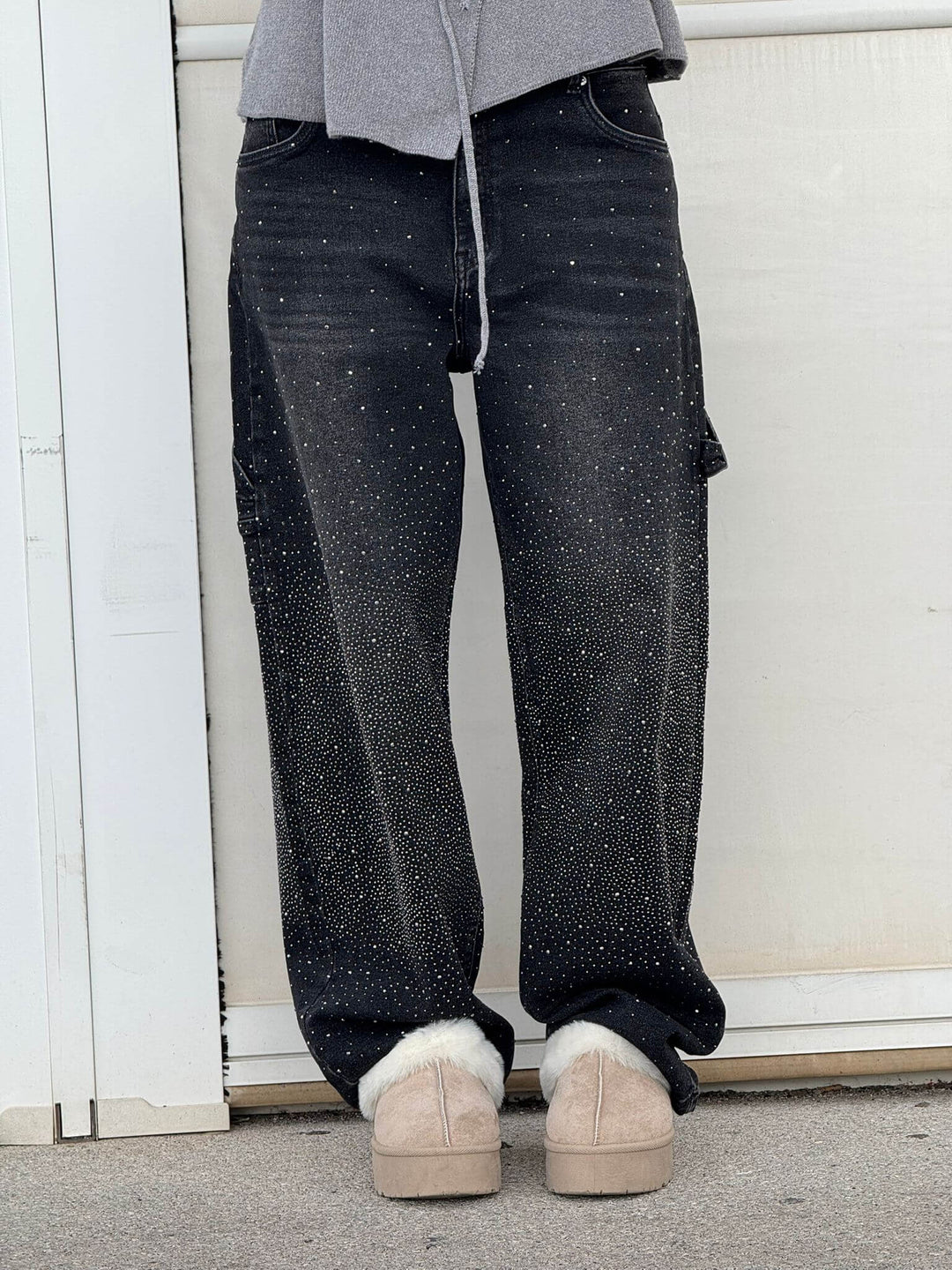 Women's Rhinestone Wide-Cut Jeans – Black