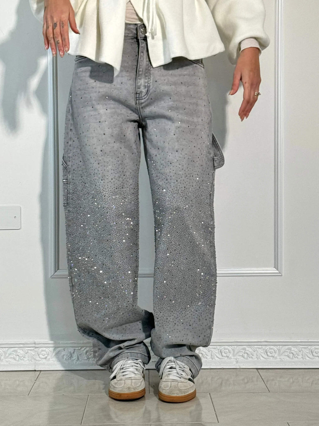 Women's Rhinestone Wide-Cut Jeans – Gray
