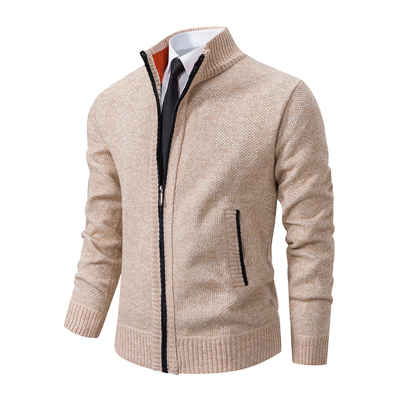 Men's Textured Knit Zip Knit Cardigan with Side Pockets – Beige