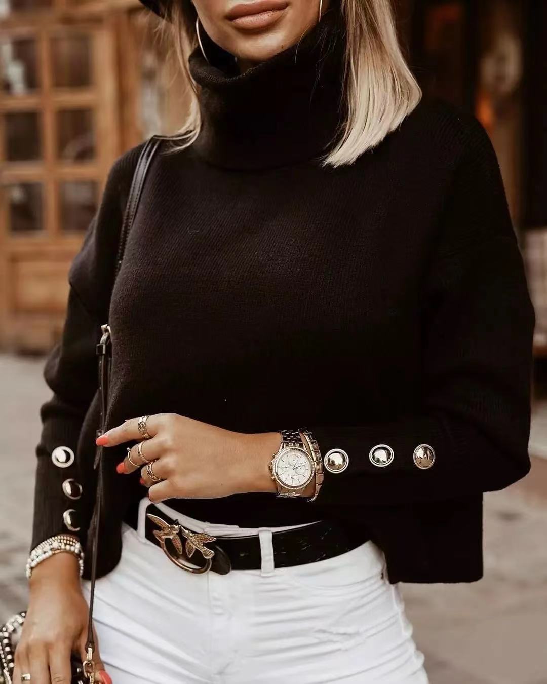 Women's Rib-Knit Roll-Neck Knit Pullover with Button Sleeves – Black