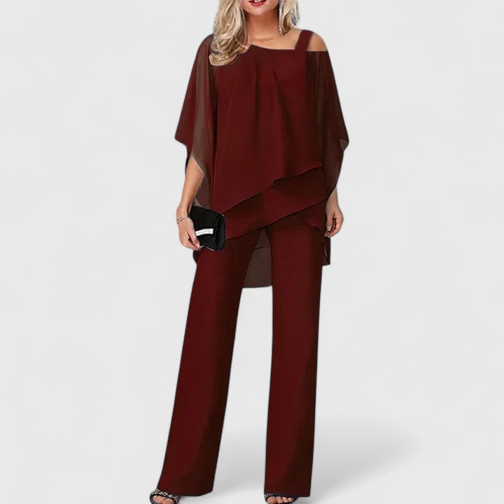 Women's Elegant Two Piece Pant Set for Everyday Wear – Wine Red