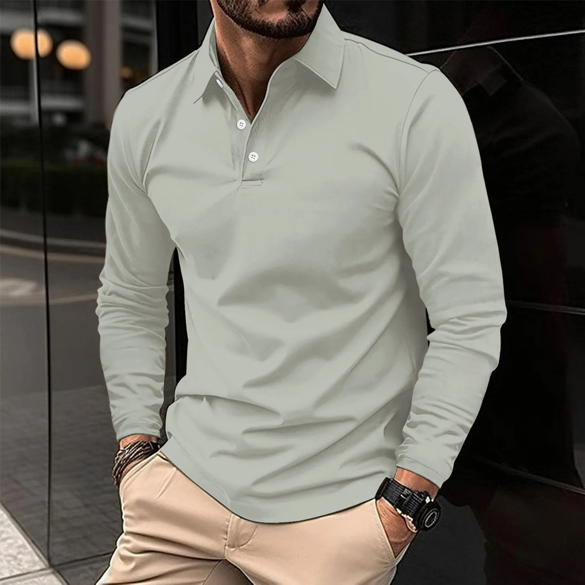 Men's Slim-Cut Long Sleeve Polo Shirt – Gray