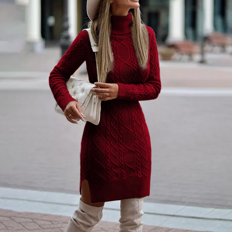 Women's Cable-Stitch Roll-Neck Sweater Dress – Red