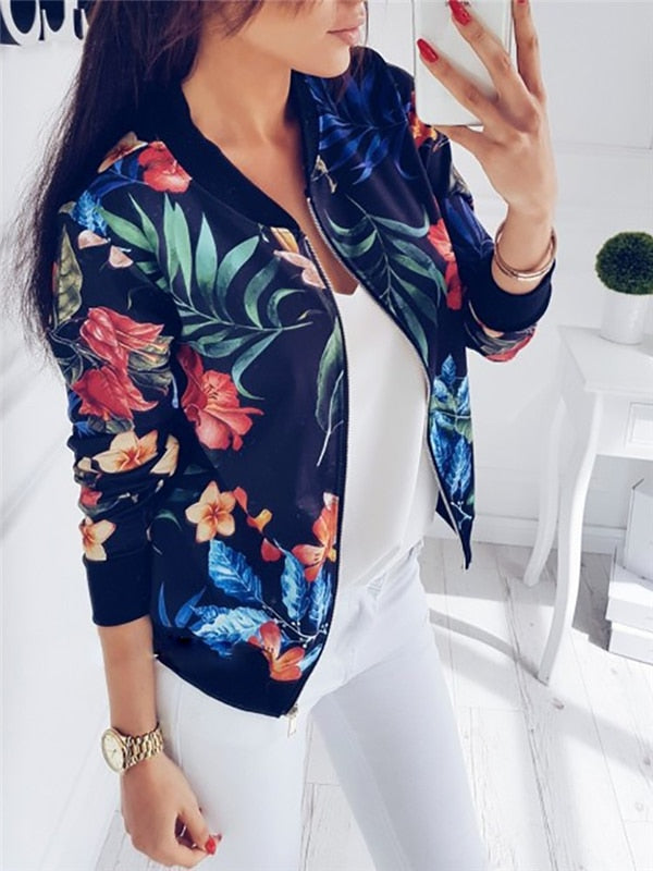 Women's Flower-Print Full-Zip Bomber Jacket – Dark Blue