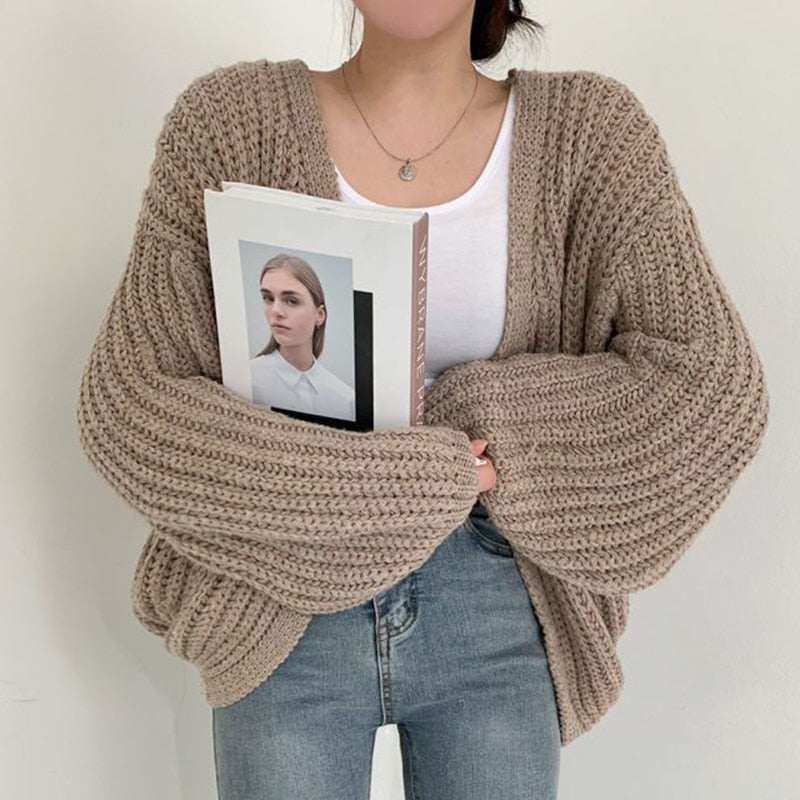 Women's Chunky-Knit Open-Style Knit Cardigan – Taupe