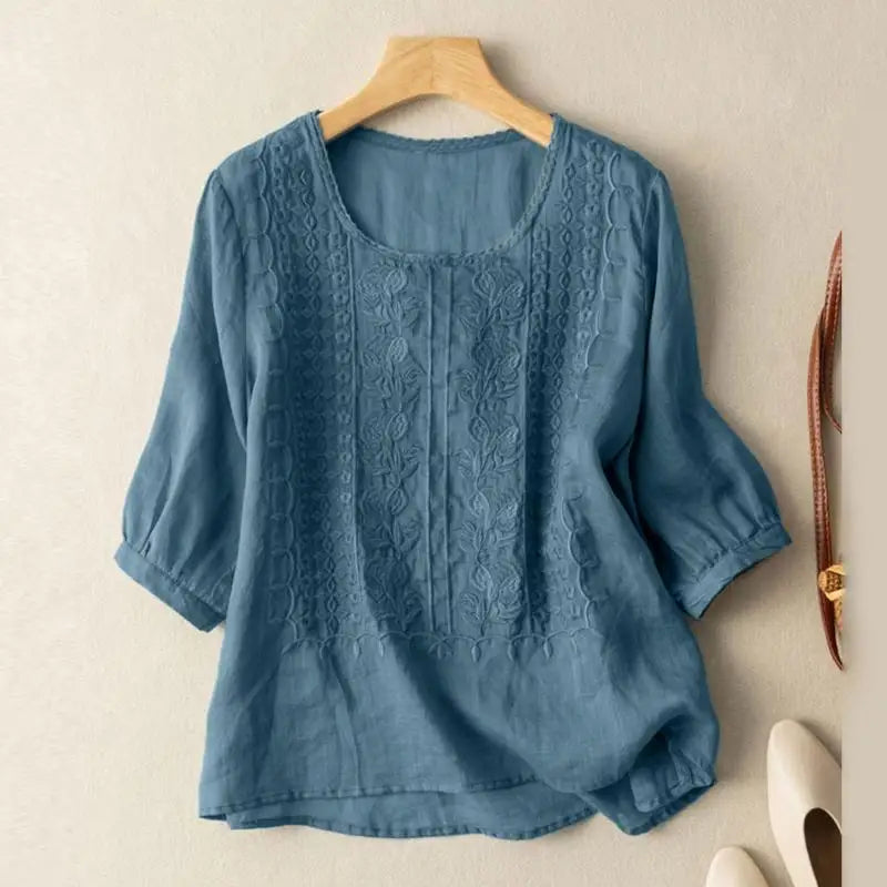 Women's Embroidery-Detail Round-Neck Blouse – Blue