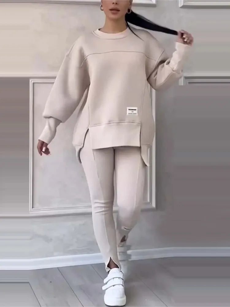 Women's Relaxed-Fit Sweatshirt and Slim-Cut Pants Two Piece Set – Beige