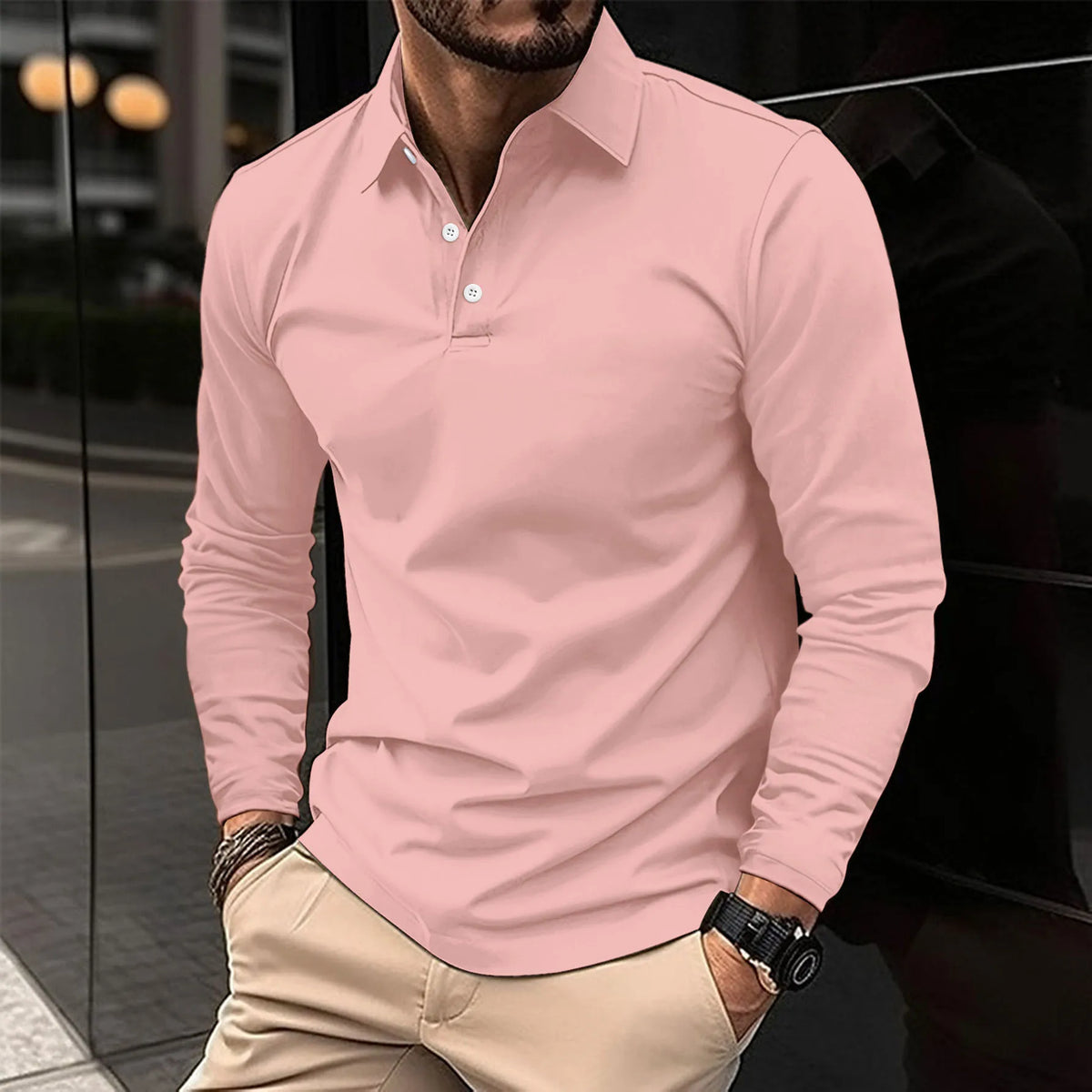 Men's Slim-Cut Long Sleeve Polo Shirt – Pink
