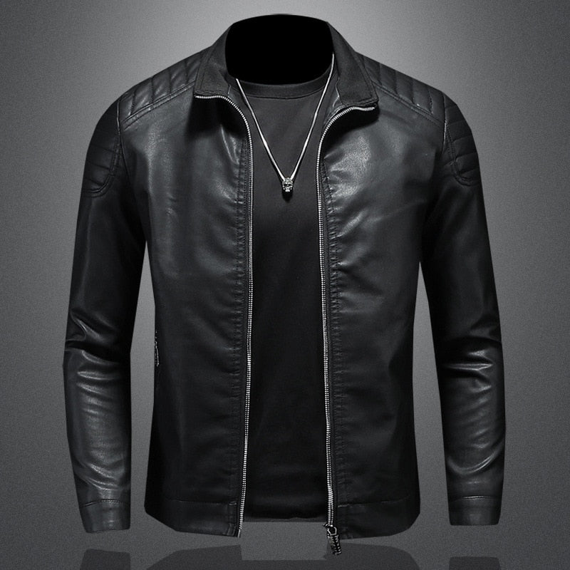 Men's Stand-Collar Zip-Through Biker Jacket for Fall – Black