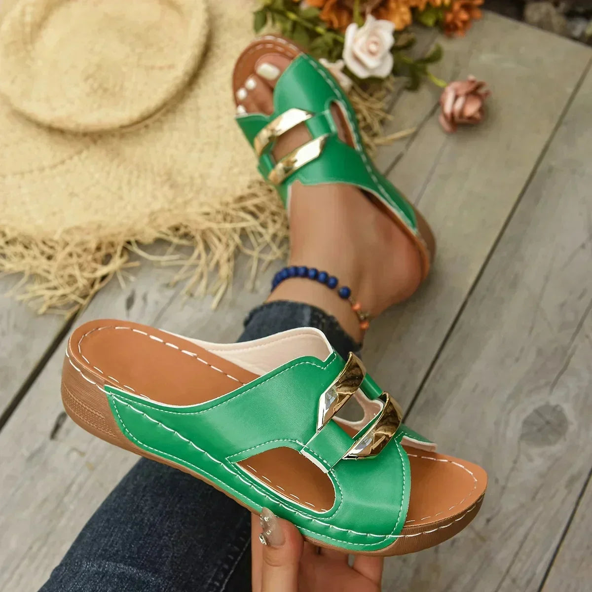 Women's Support Wedge-Heel Sandals with Non-Slip Sole – Green