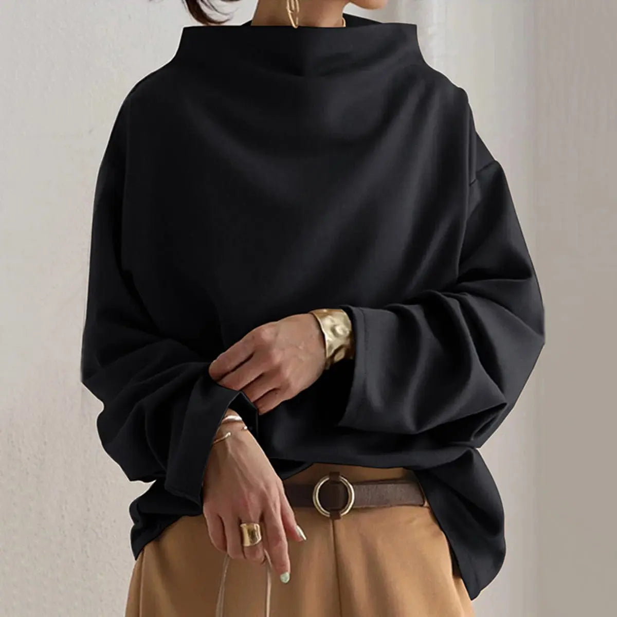 Women's Loose-Fit Roll Neck Knit Top – Black