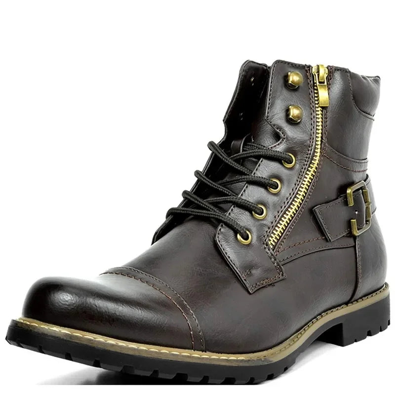 Men's Leather-Look Buckle-Detail Tie-Front Boots – Dark Brown