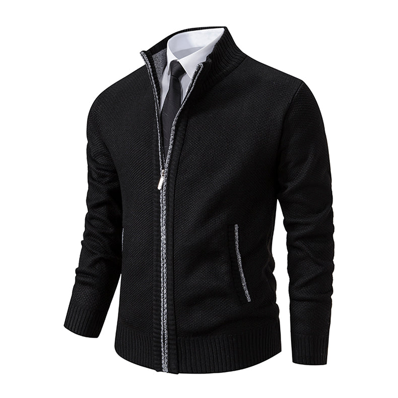 Men's Textured Knit Zip Knit Cardigan with Side Pockets – Black