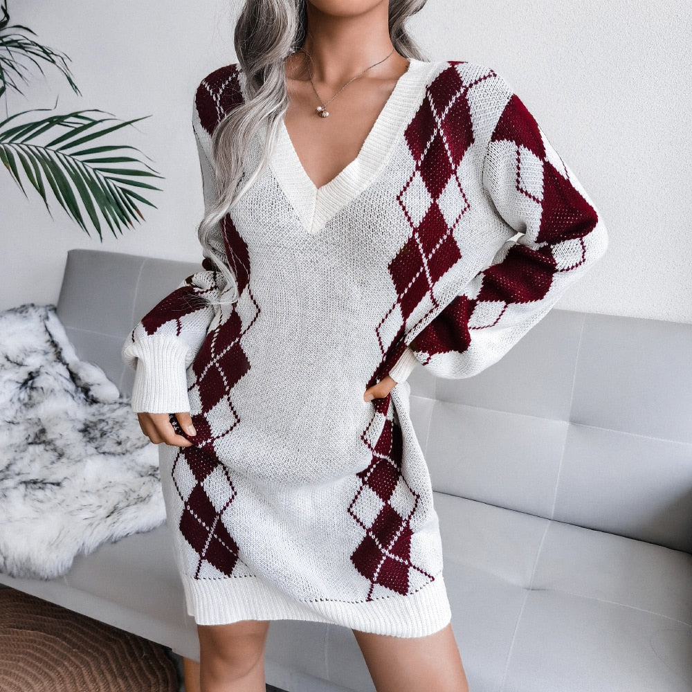 Women's Print-Detail V-Neckline Knit Sweater Dress – White