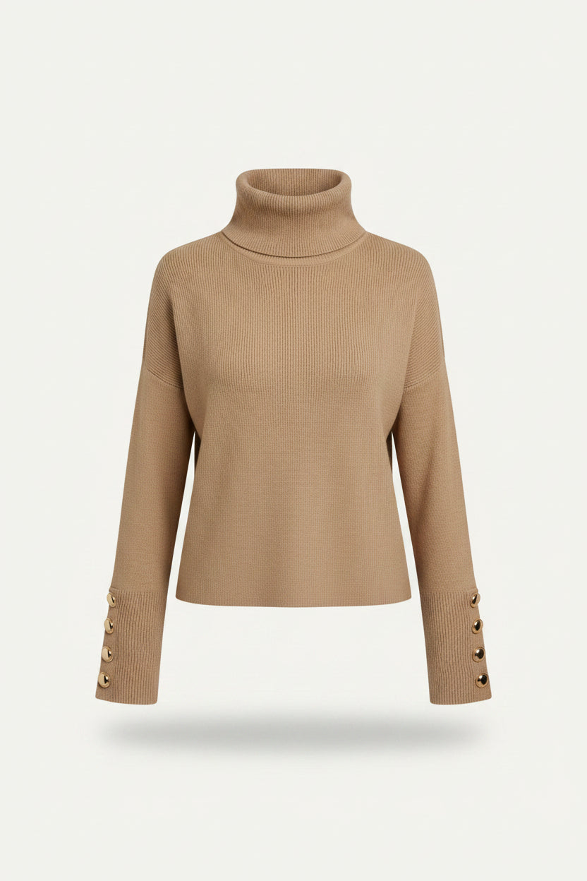 Women's Rib-Knit Roll-Neck Knit Pullover with Button Sleeves – Light Brown