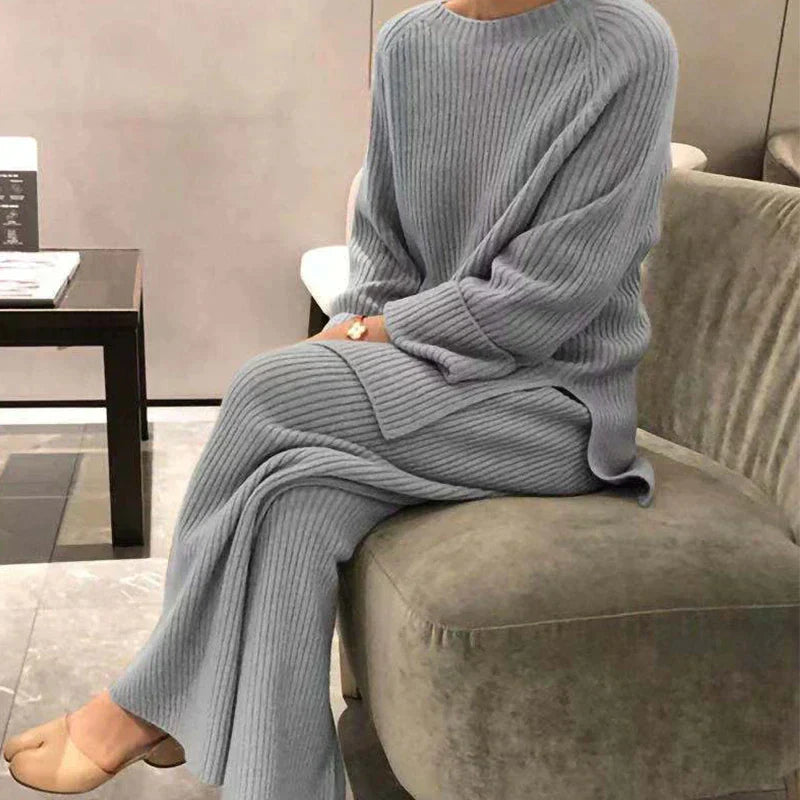 Women's Rib-Knit Sweater and Wide-Cut Trouser Set – Gray