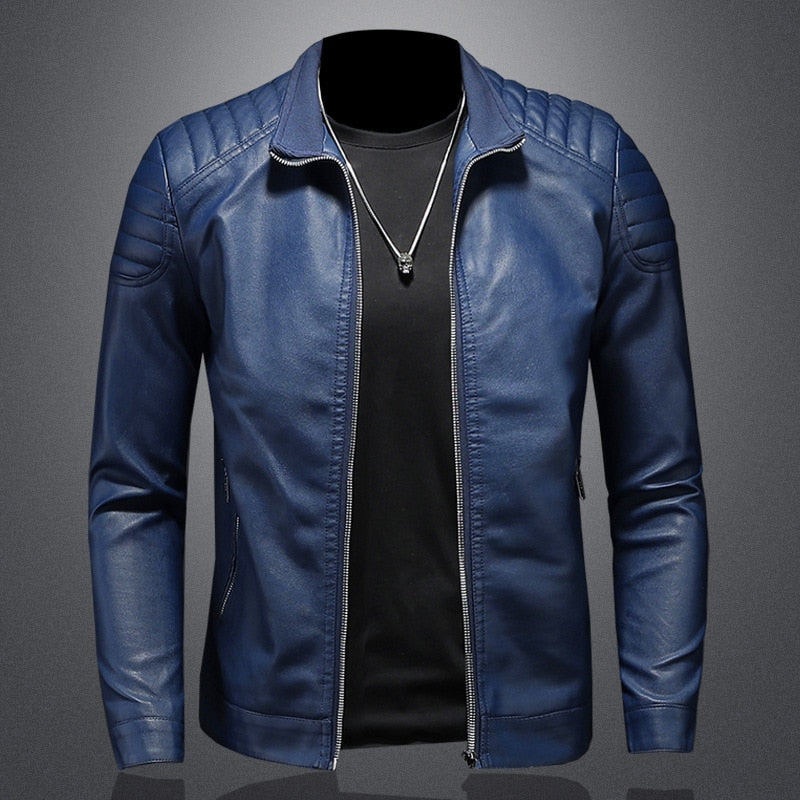 Men's Stand-Collar Zip-Through Biker Jacket for Fall – Dark Blue