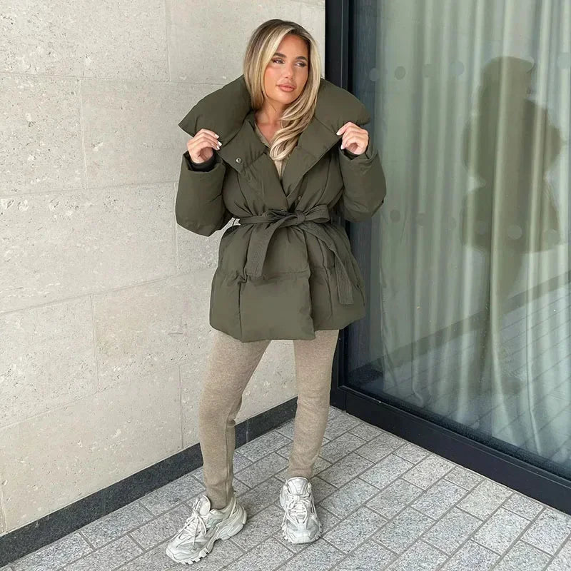 Women's Belt-Detail Puffer Jacket – Olive Green