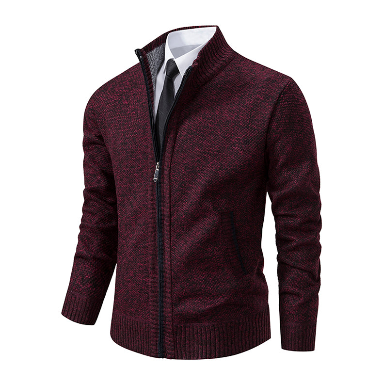 Men's Textured Knit Zip Knit Cardigan with Side Pockets – Wine Red