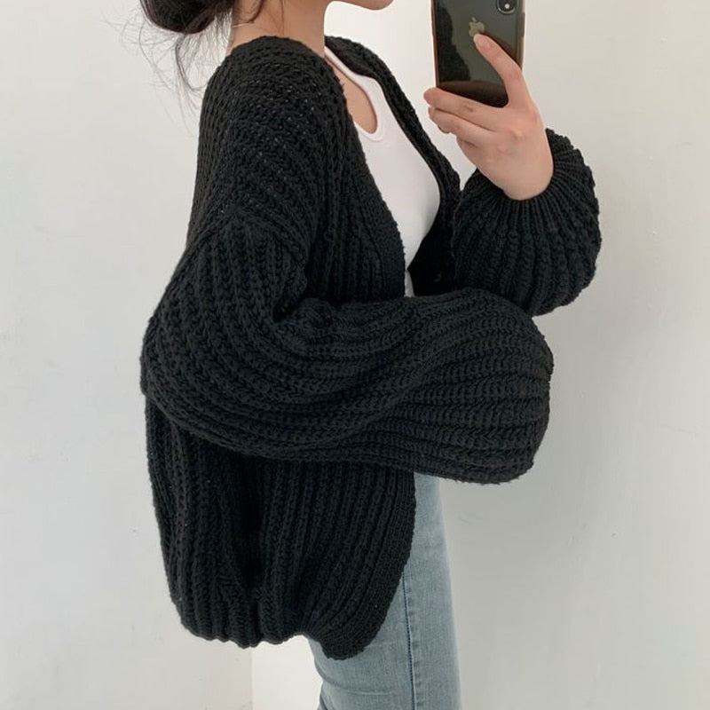 Women's Chunky-Knit Open-Style Knit Cardigan – Black