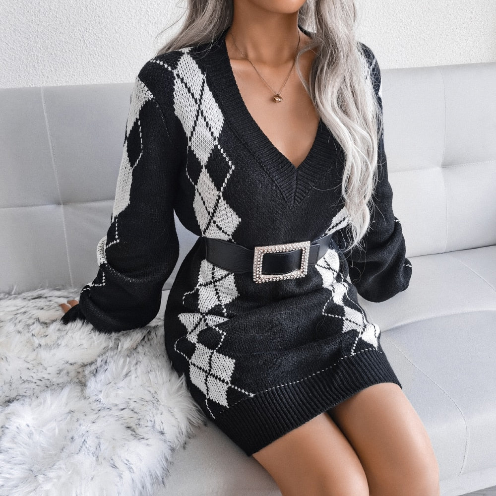 Women's Print-Detail V-Neckline Knit Sweater Dress – view 6