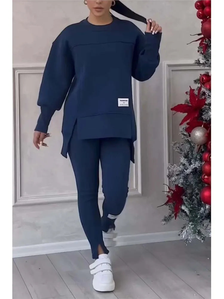 Women's Relaxed-Fit Sweatshirt and Slim-Cut Pants Two Piece Set – Dark Blue