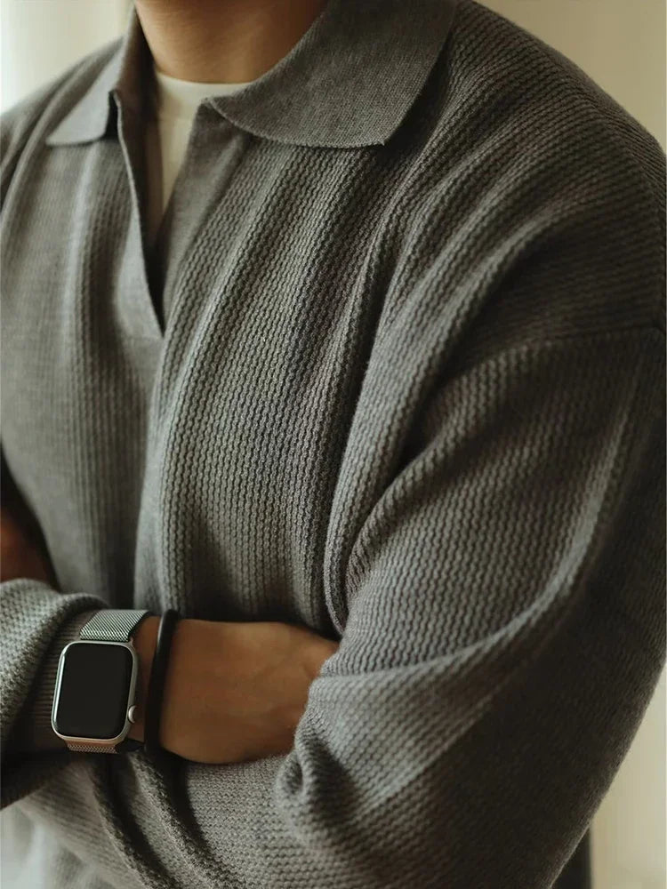 Men's Polo Collar Long-Sleeve Knit Pullover – Gray