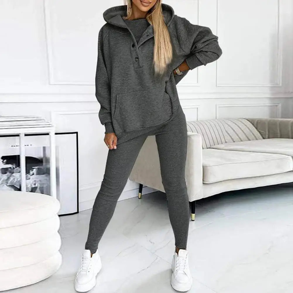 Women's Button-Neck Hoodie and Leggings Two-Piece Set for Layering – Dark Gray