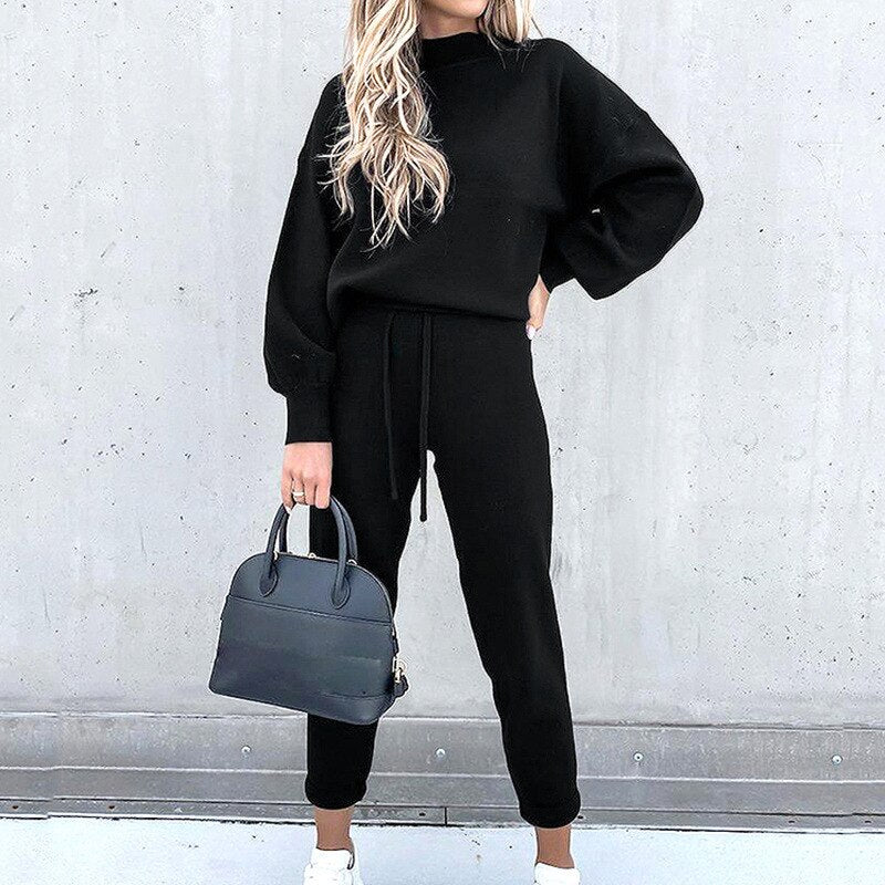 Women's Trousers and Sweater Knit Warm Two Piece Set – Black