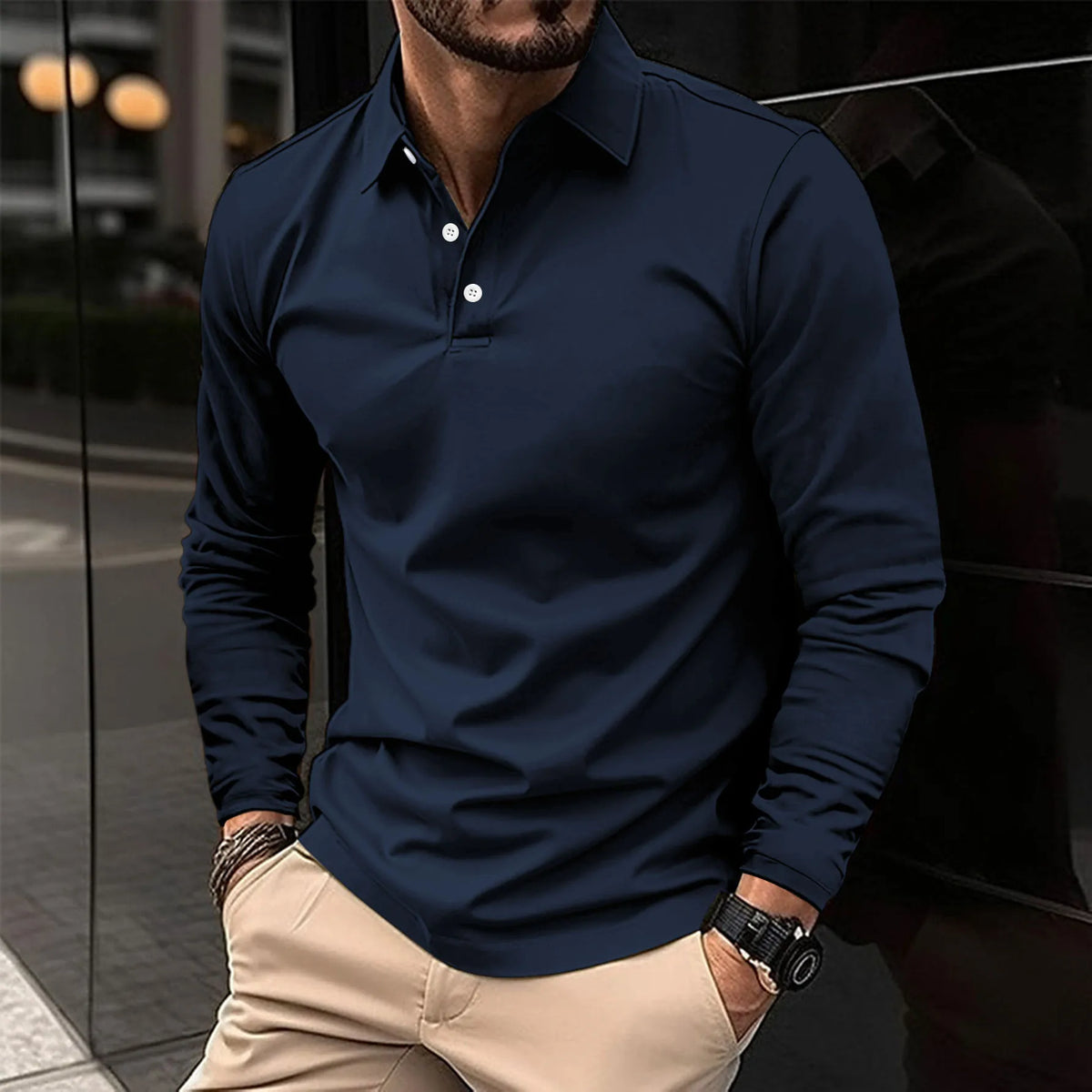 Men's Slim-Cut Long Sleeve Polo Shirt – Navy Blue