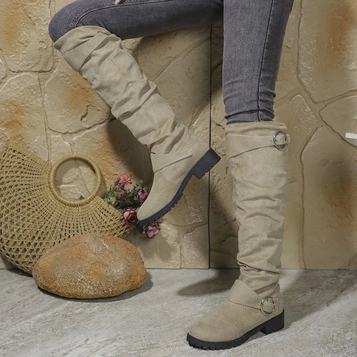 Women's Slouchy Knee-High Boots – Khaki