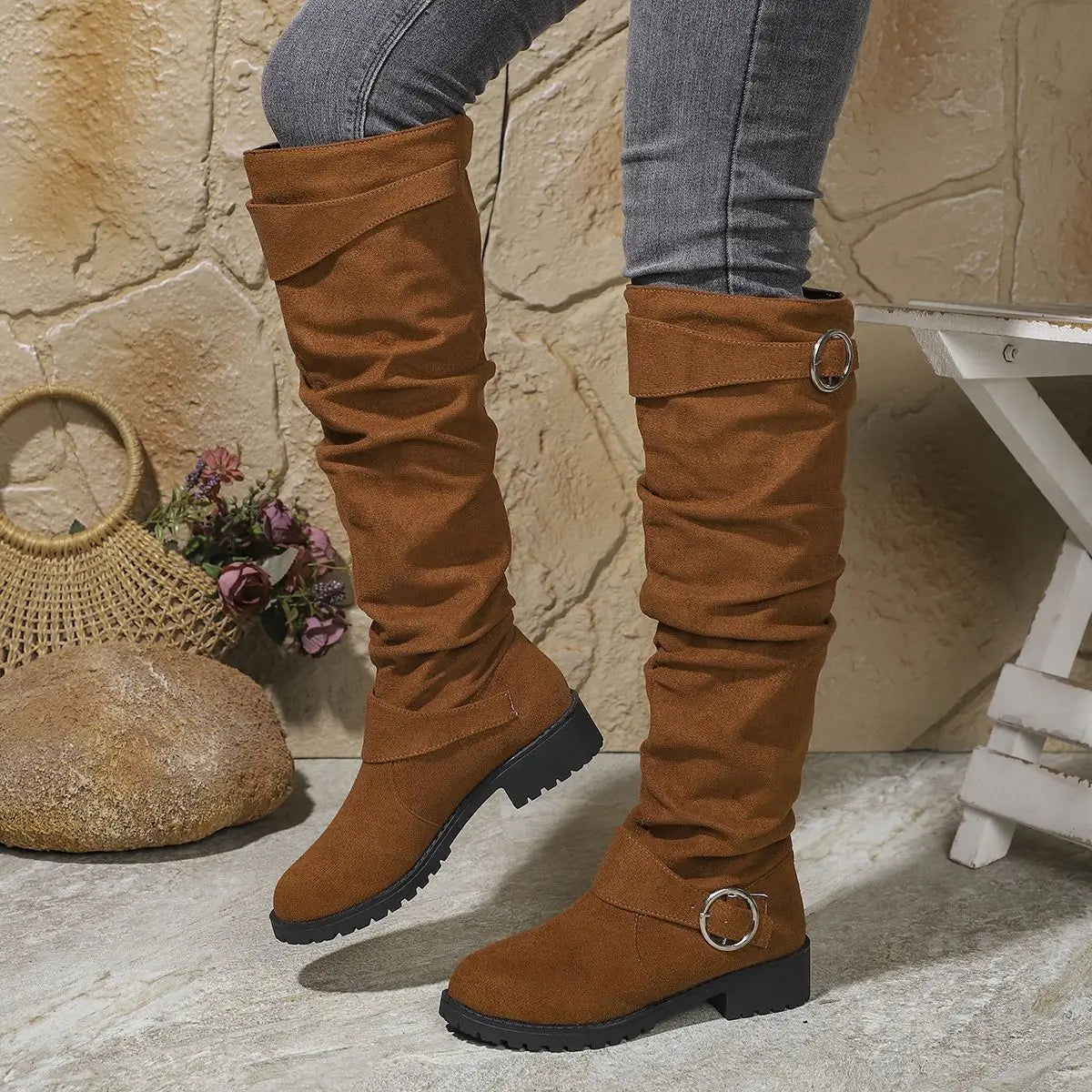Women's Slouchy Knee-High Boots – Light Brown