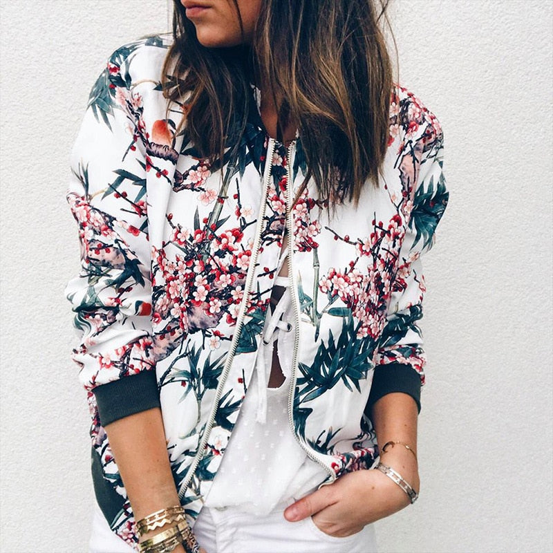 Women's Flower-Print Full-Zip Bomber Jacket – Pink